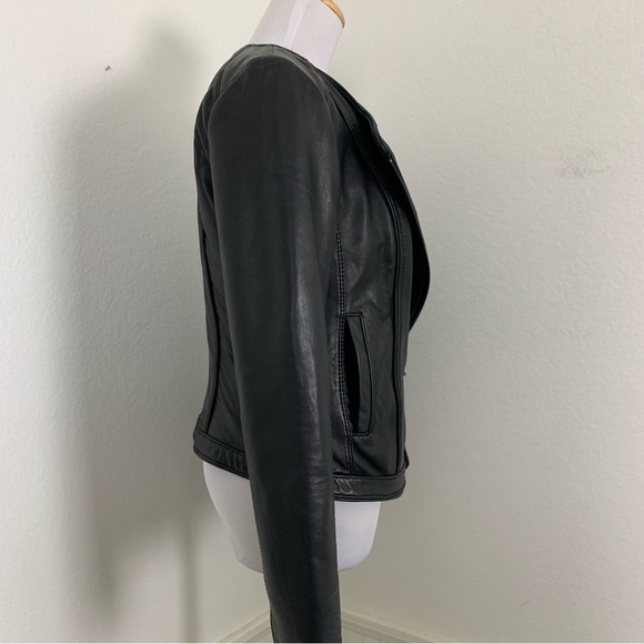 Michael Kors Genuine Leather Asymmetrical Zip Moto Jacket  Womens S Butter Black - Picture 5 of 17